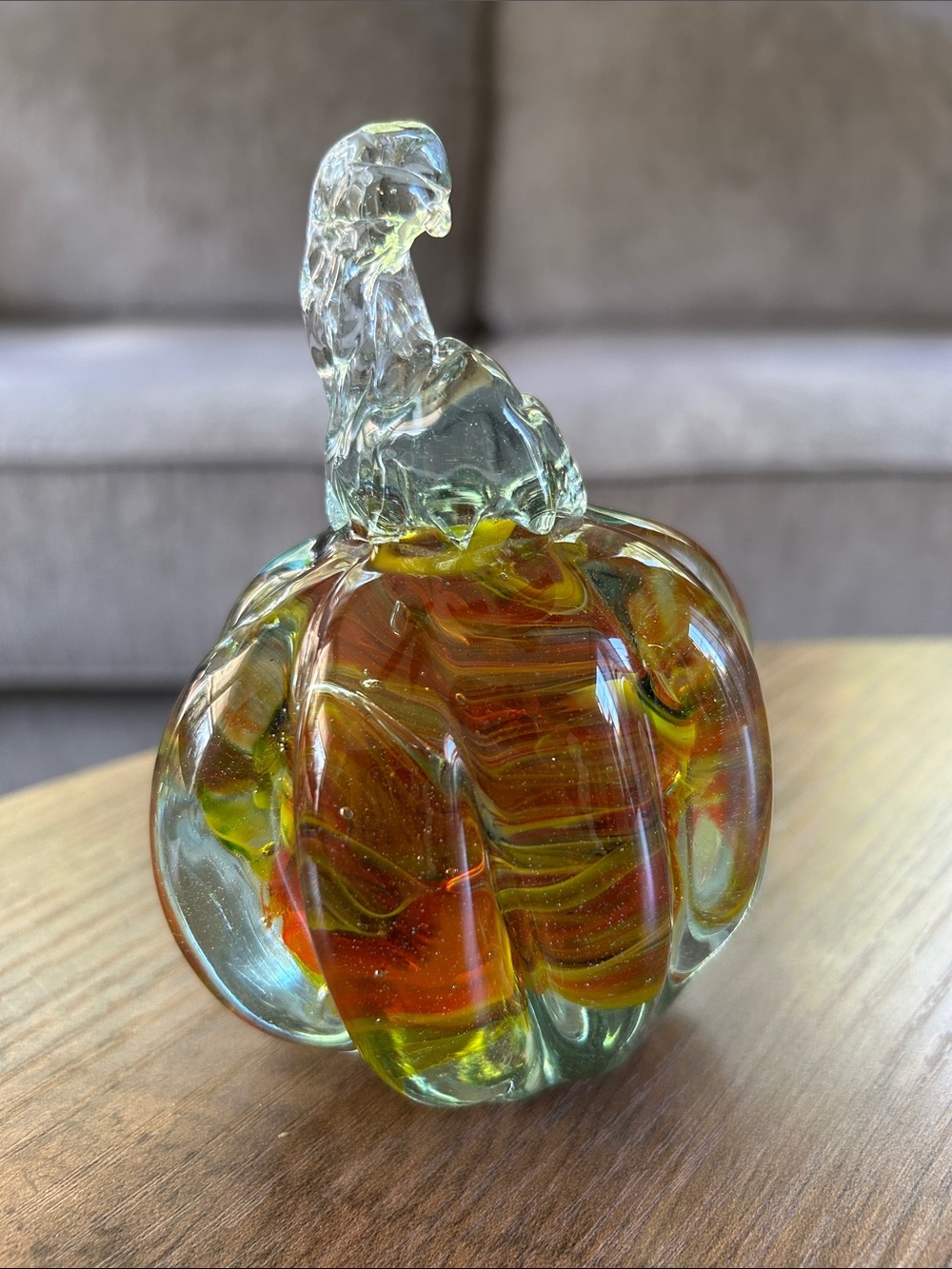 Amber and Green Handblown Glass Pumpkin